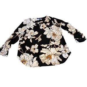 Apt 9 Womens Floral Blouse Black White Gold Roll Tab Sleeve Lattice Neck Large